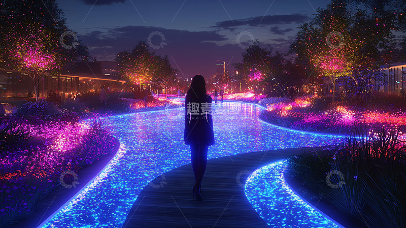 高清大图下载【趣麦麦图】夜色中的梦幻光影小路