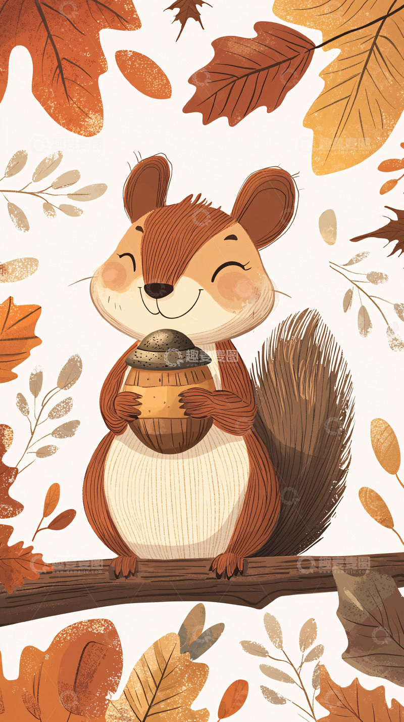高清大图下载【趣麦麦图】秋日小松鼠抱着橡果