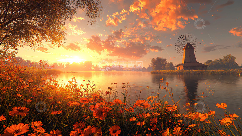 高清大图下载【趣麦麦图】日出风车田园风光