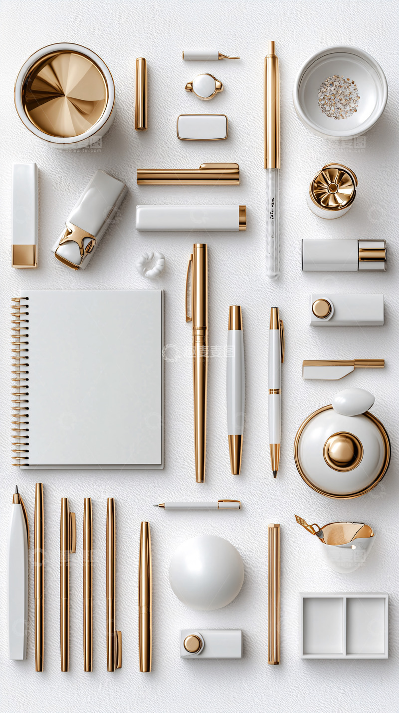 高清大图下载【趣麦麦图】白色背景上的金色文具