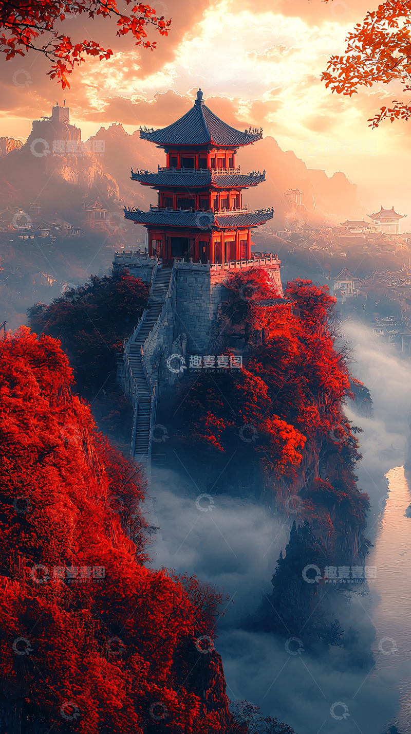 高清大图下载【趣麦麦图】东方风格山顶塔楼秋色
