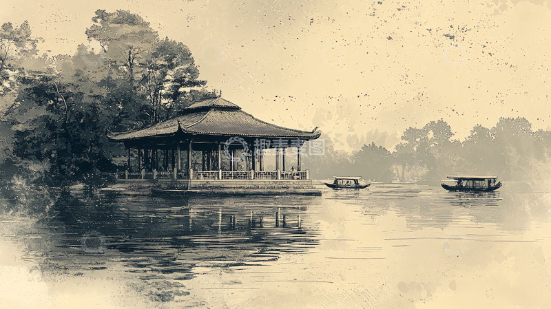 高清大图下载【趣麦麦图】水墨画风的亭台楼阁湖景