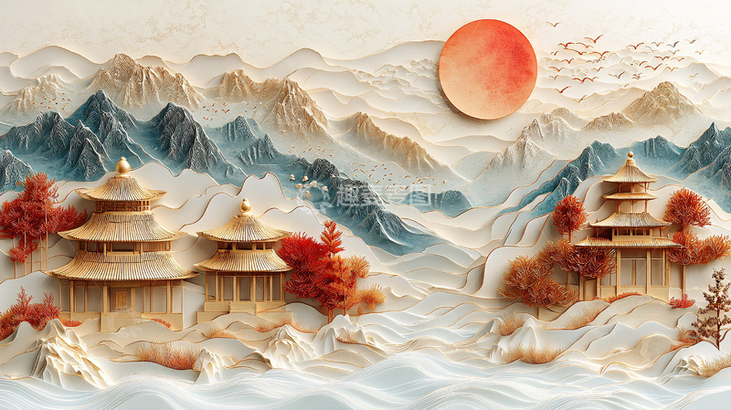 高清大图下载【趣麦麦图】水墨风山水楼阁红日图