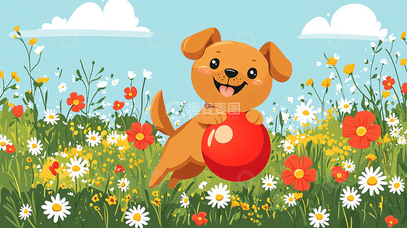 高清大图下载【趣麦麦图】小狗玩球花丛图