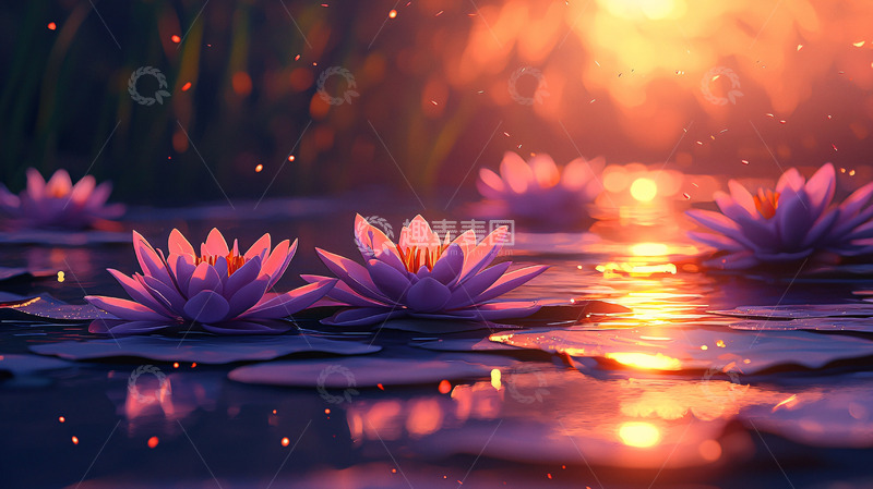 高清大图下载【趣麦麦图】日落时分睡莲池塘