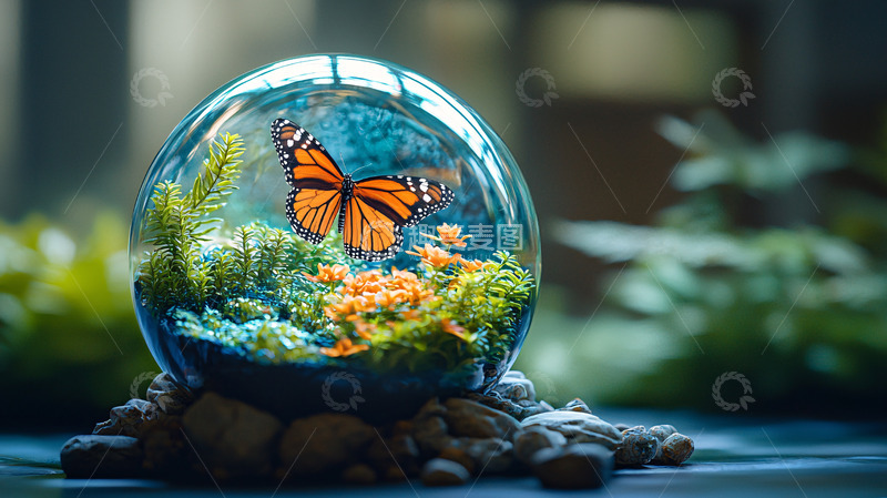 高清大图下载【趣麦麦图】玻璃球里的蝴蝶