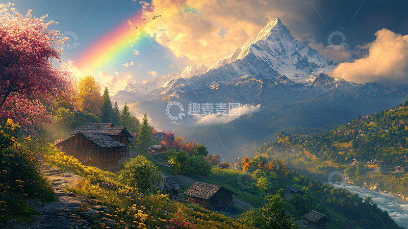 高清大图下载【趣麦麦图】山脉彩虹下的村庄