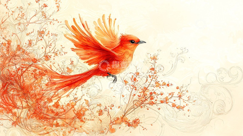 高清大图下载【趣麦麦图】红色小鸟飞翔在花枝间