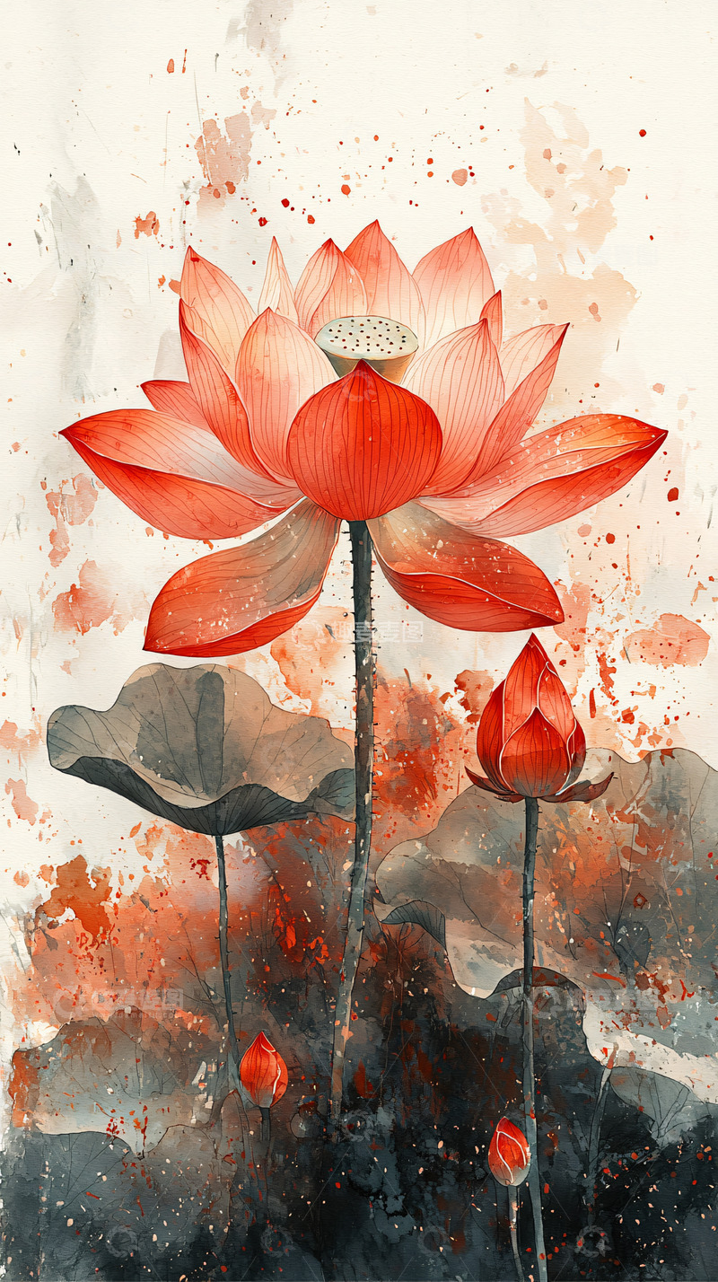 高清大图下载【趣麦麦图】水彩风格的红色莲花图