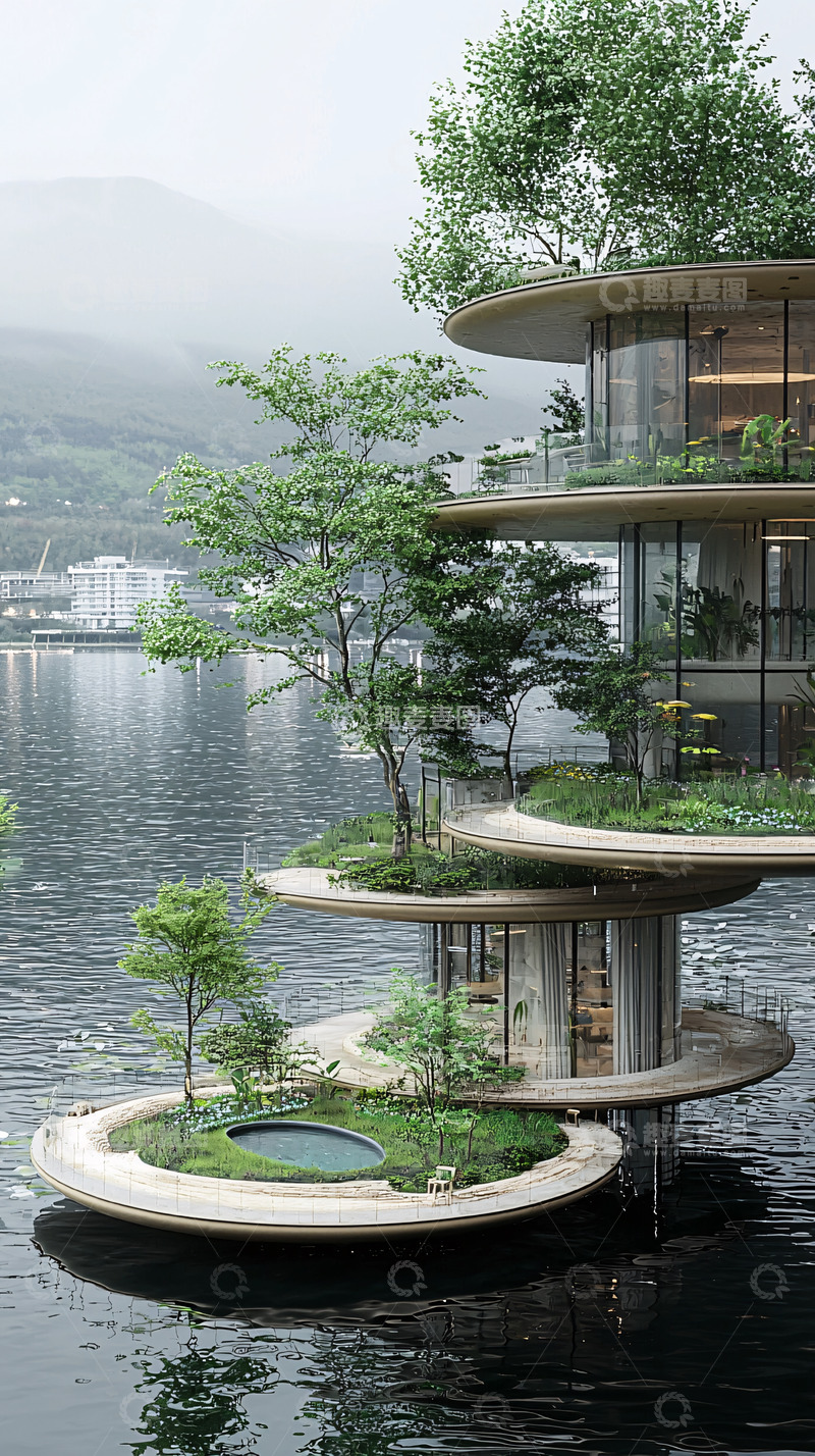 高清大图下载【趣麦麦图】湖上漂浮的圆形生态建筑