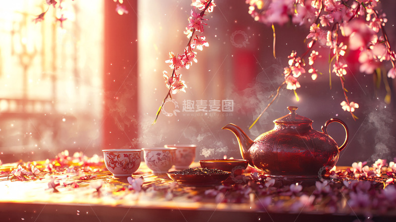 高清大图下载【趣麦麦图】春日暖阳茶具花瓣