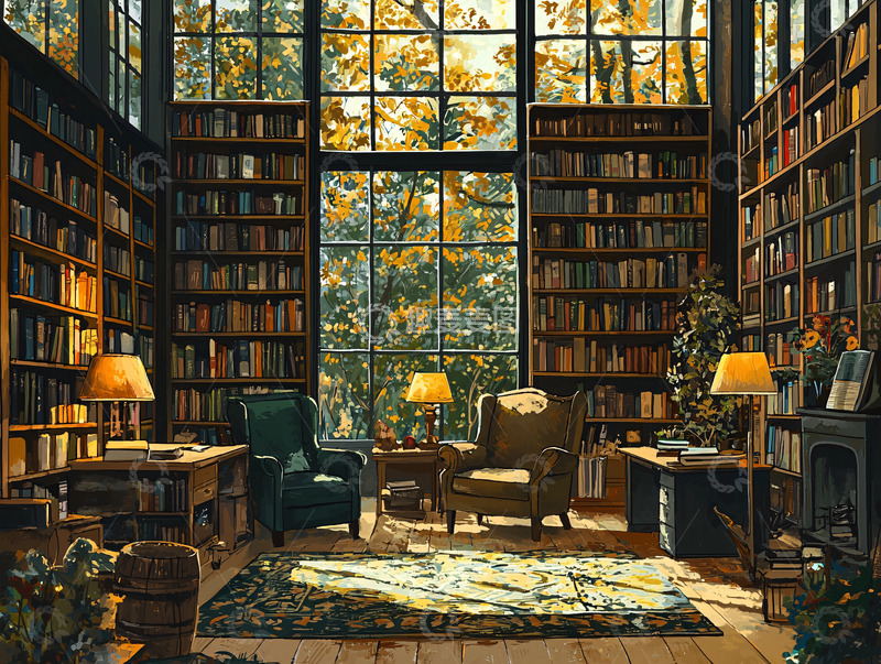 高清大图下载【趣麦麦图】豪华图书馆落地窗
