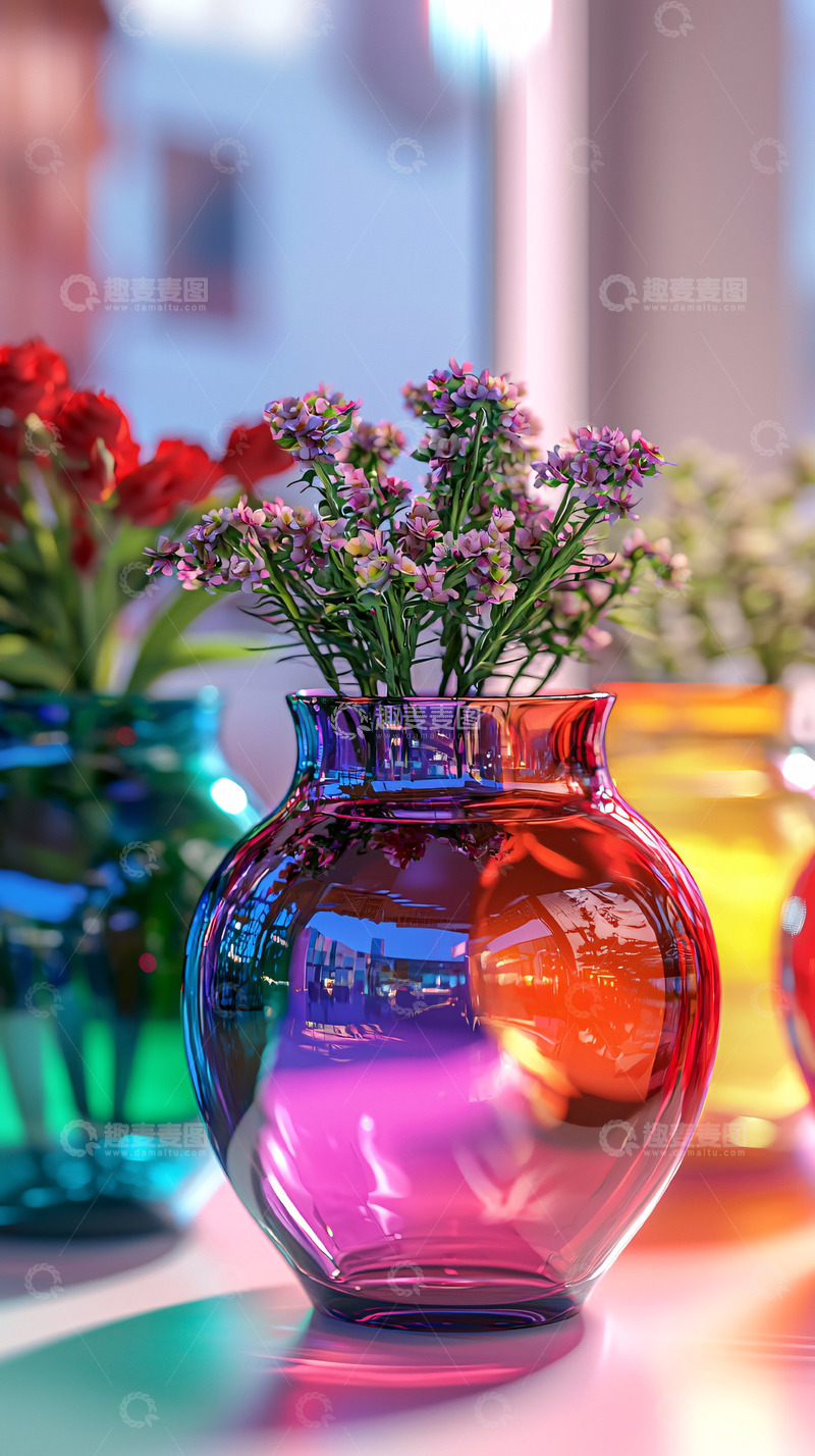 高清大图下载【趣麦麦图】彩色玻璃花瓶鲜花静物