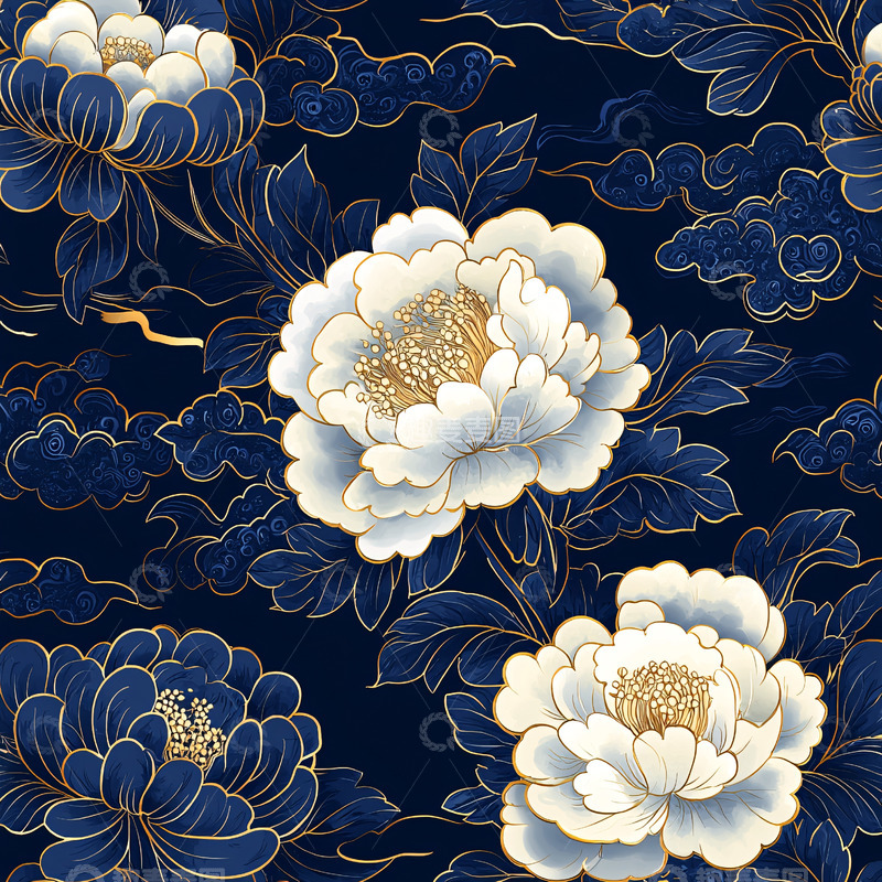 高清大图下载【趣麦麦图】蓝色底白色牡丹花图案