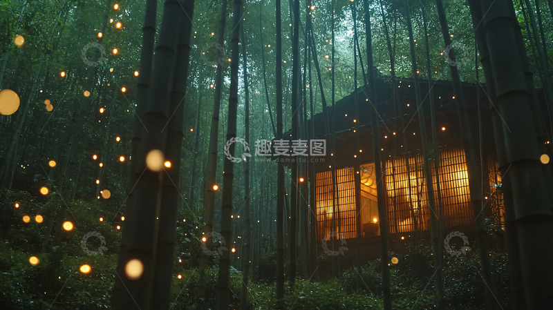 高清大图下载【趣麦麦图】雾气森林小屋灯光