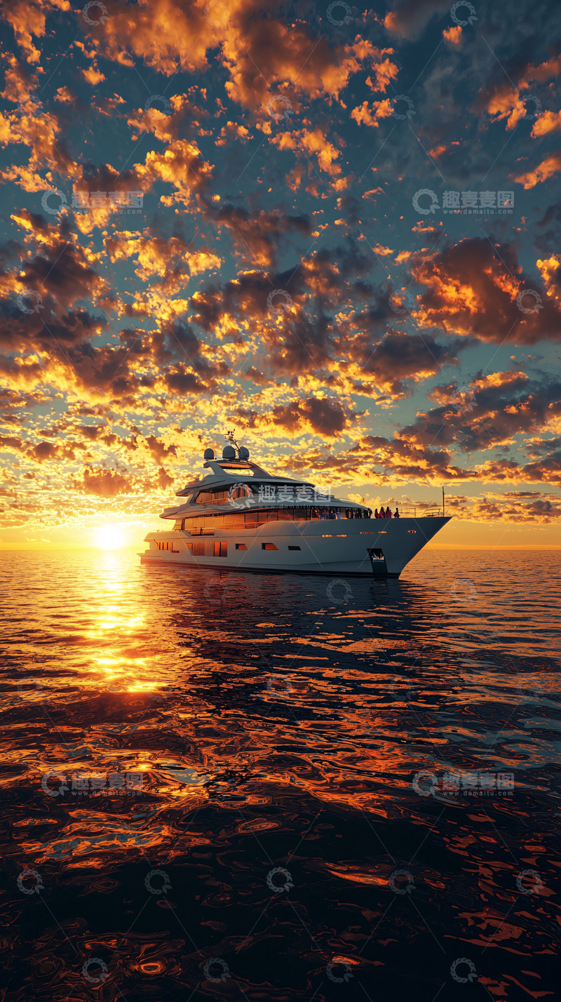 高清大图下载【趣麦麦图】金色夕阳下的豪华游艇