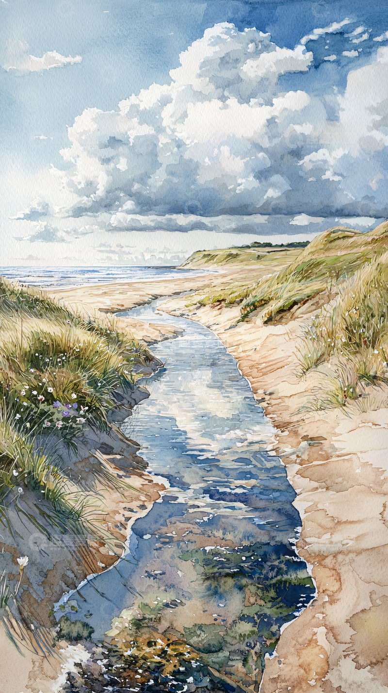 高清大图下载【趣麦麦图】水彩海滩小溪阳光