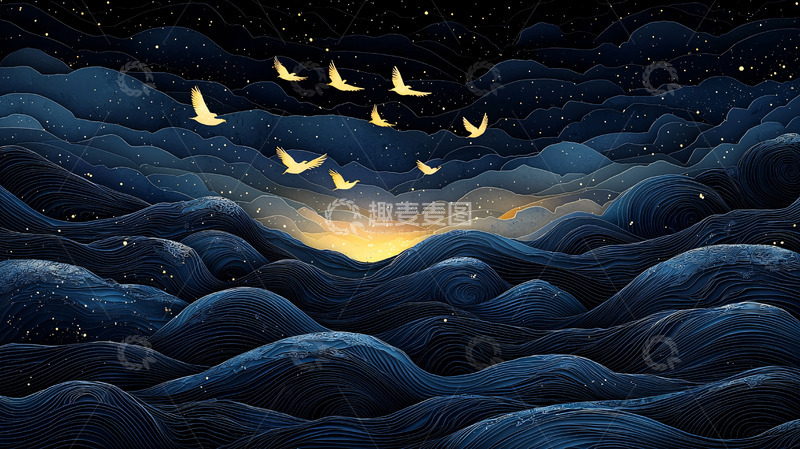 高清大图下载【趣麦麦图】极简星空祥云日出