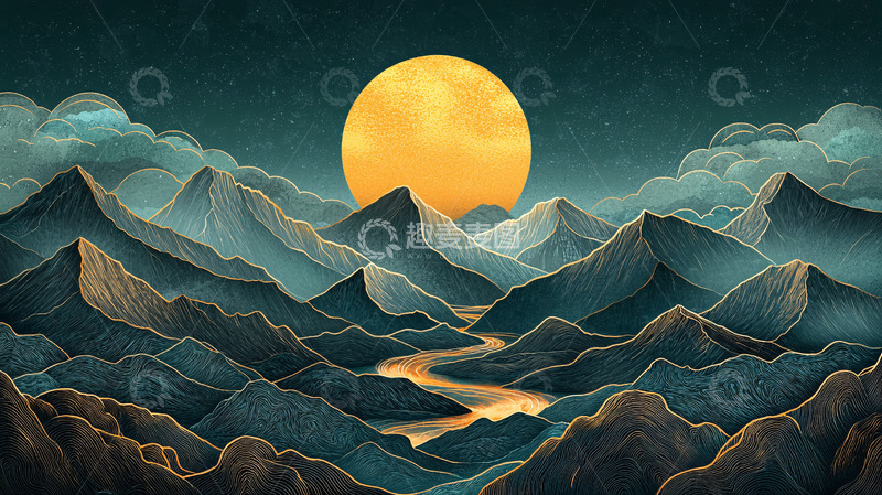高清大图下载【趣麦麦图】山水夜景金色月亮