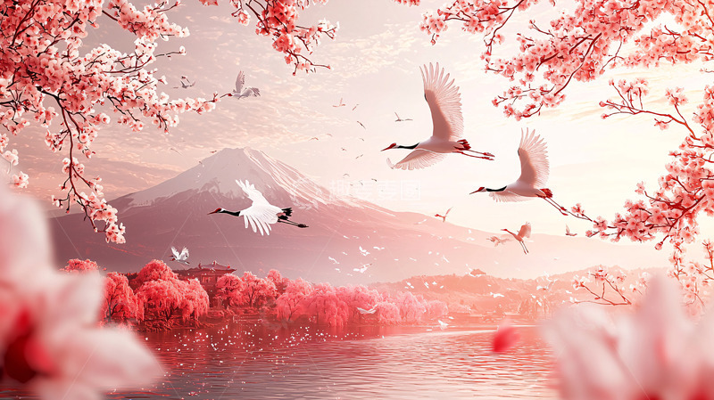 高清大图下载【趣麦麦图】富士山樱花白鹤