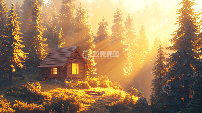 高清大图下载【趣麦麦图】森林小屋日出阳光