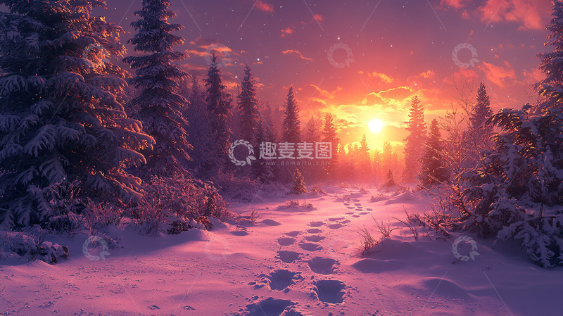 高清大图下载【趣麦麦图】雪地森林日落