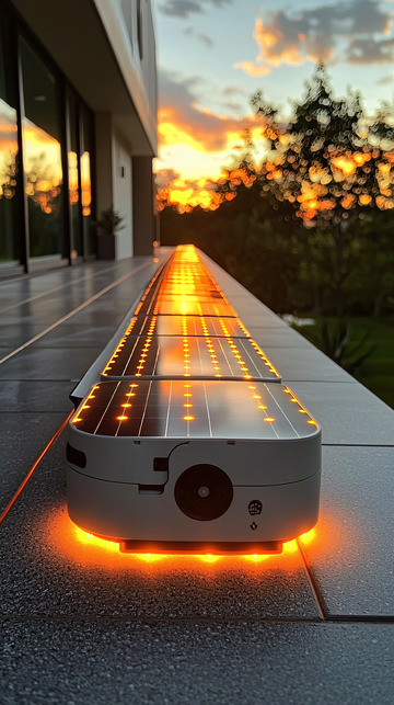 夕阳下别墅的太阳能路灯