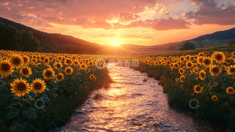 高清大图下载【趣麦麦图】夕阳西下葵花田