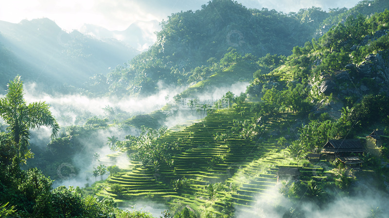 高清大图下载【趣麦麦图】雾气缭绕的山峦梯田