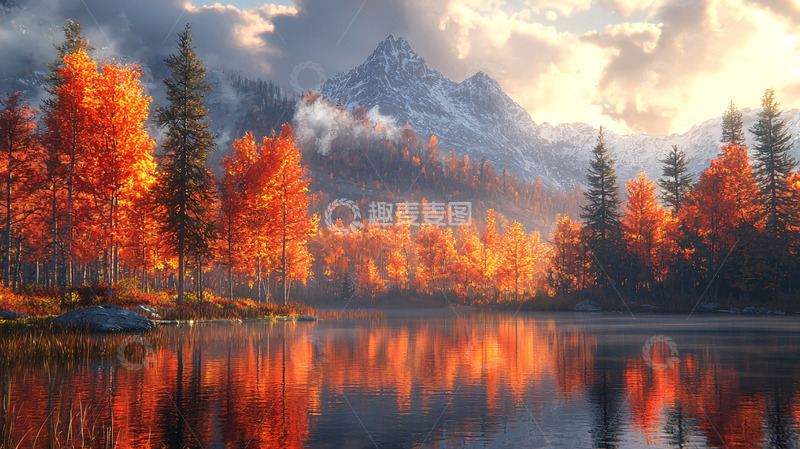 高清大图下载【趣麦麦图】秋日雪山湖泊景色