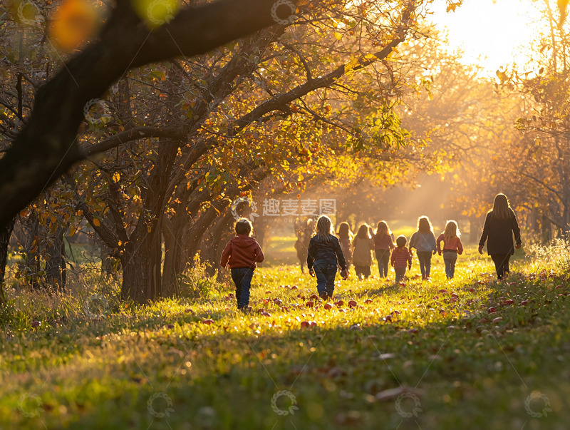 秋日树林中孩子们的背影