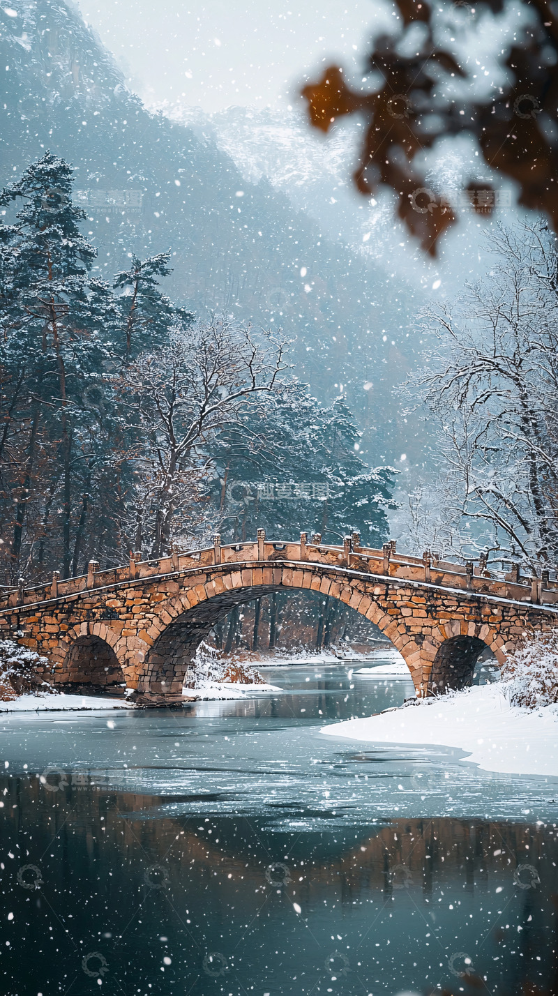 高清大图下载【趣麦麦图】雪中古桥