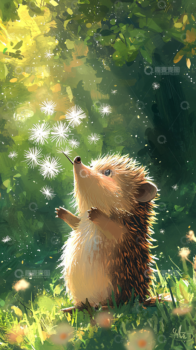 高清大图下载【趣麦麦图】小刺猬吹蒲公英的梦幻场景