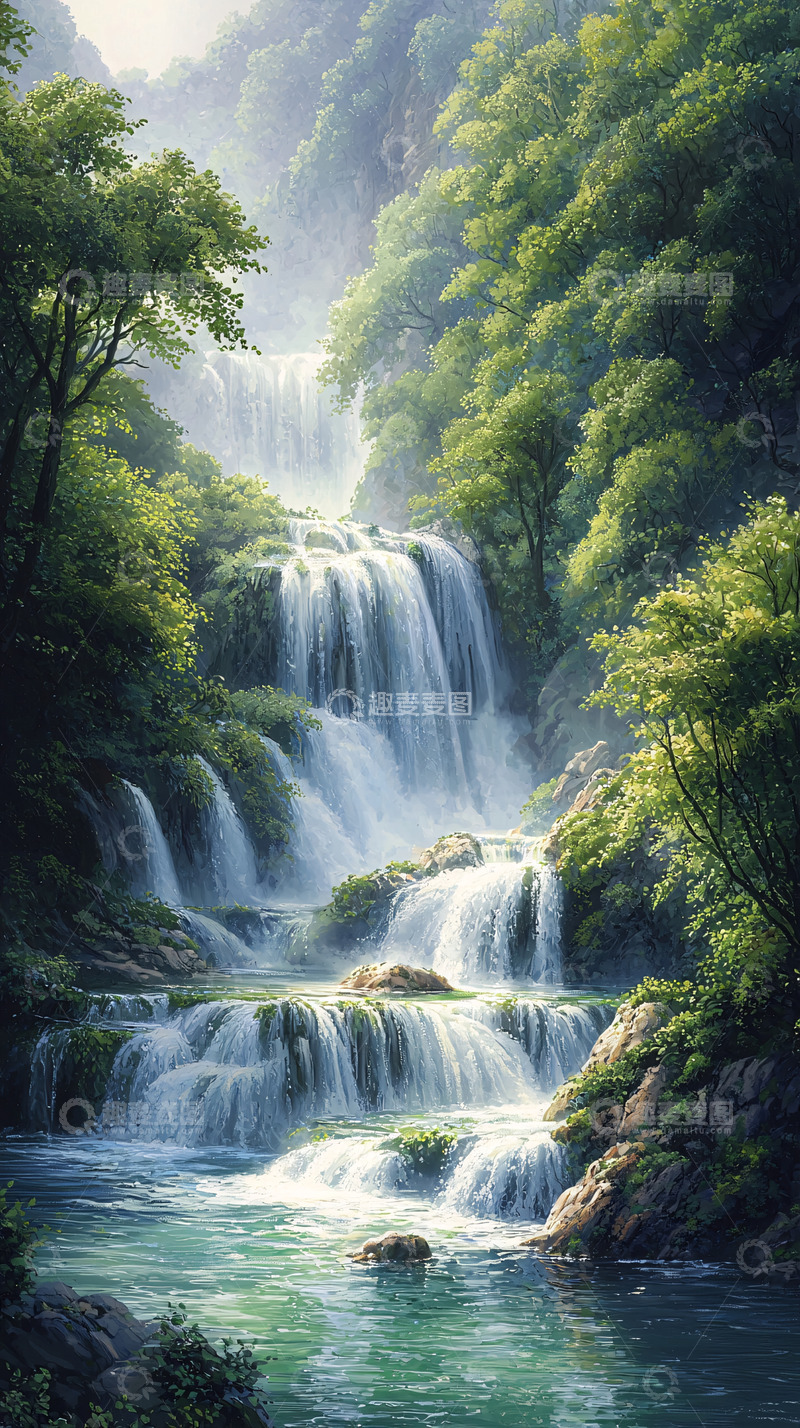 高清大图下载【趣麦麦图】翠绿山林间的壮丽瀑布