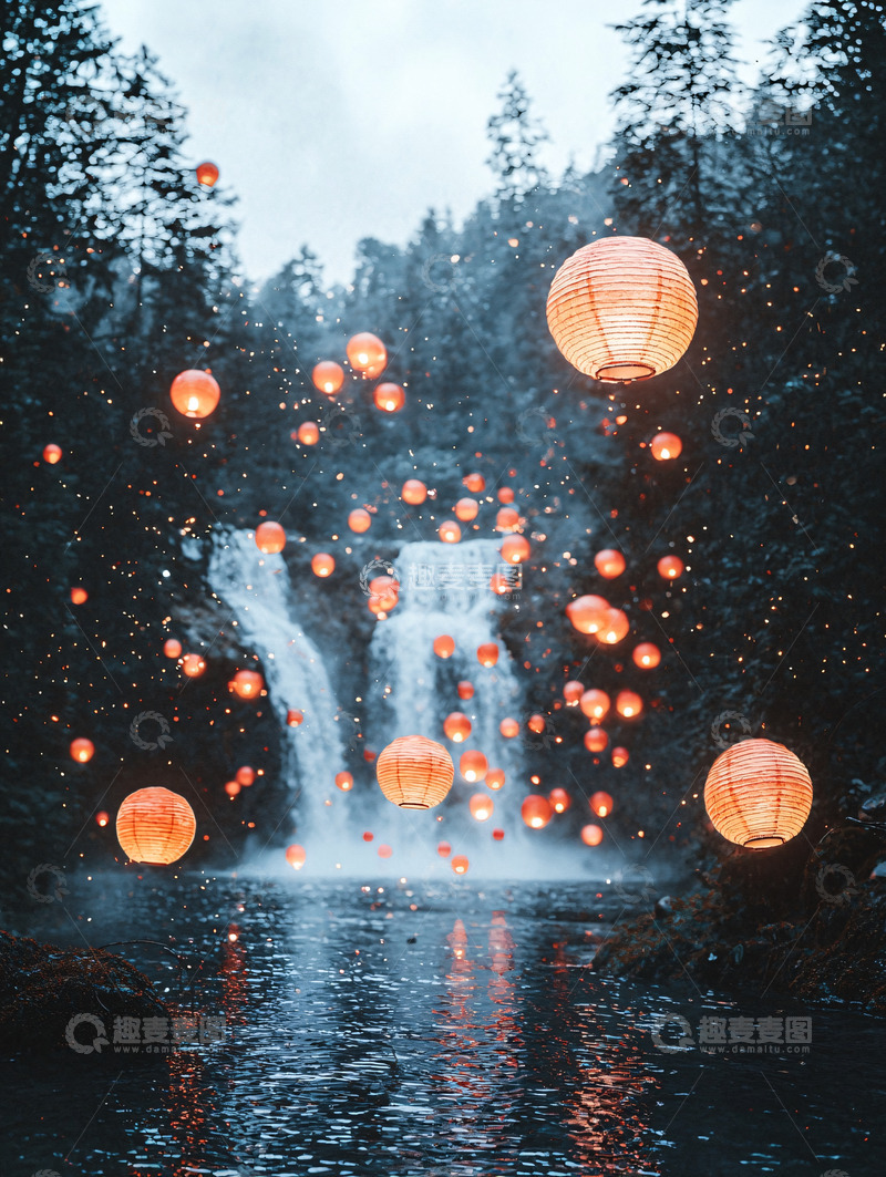 高清大图下载【趣麦麦图】瀑布飞天灯