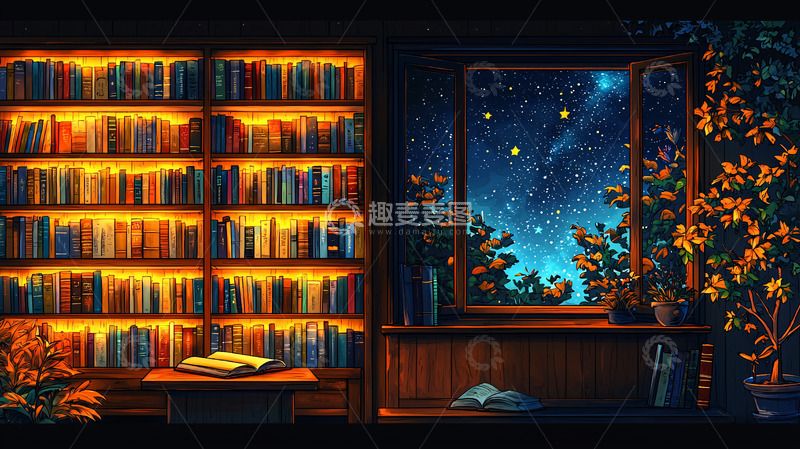 高清大图下载【趣麦麦图】夜晚书房
