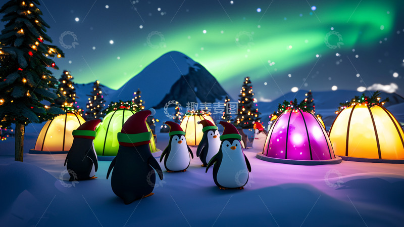 高清大图下载【趣麦麦图】圣诞企鹅北极光