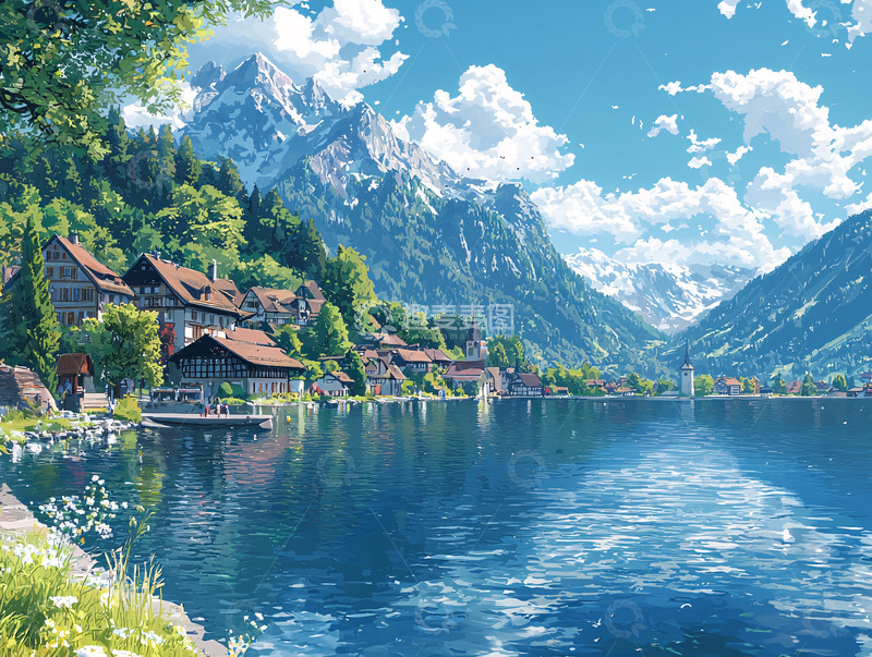 高清大图下载【趣麦麦图】阿尔卑斯山湖边小镇