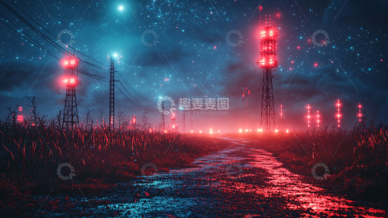 高清大图下载【趣麦麦图】夜空下的红色电力塔