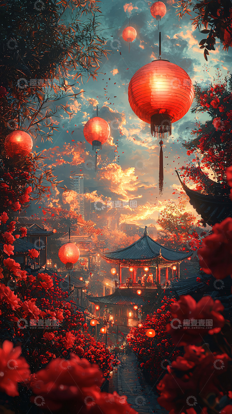 高清大图下载【趣麦麦图】红灯笼梦幻古风小镇