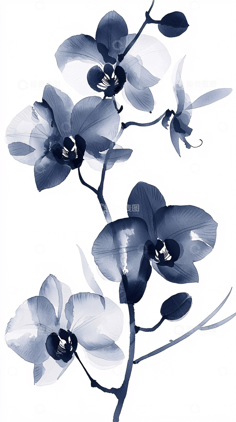 高清大图下载【趣麦麦图】蓝调兰花水墨画