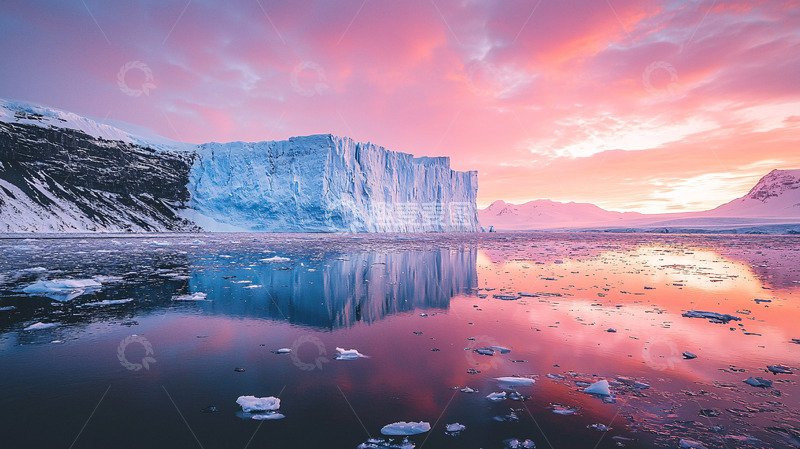 高清大图下载【趣麦麦图】-壮丽冰川粉色天空倒影