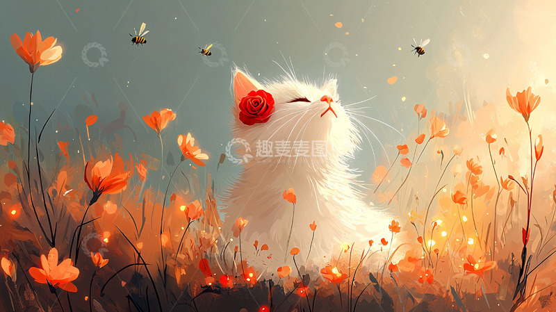 高清大图下载【趣麦麦图】可爱猫咪在花丛中仰望天空