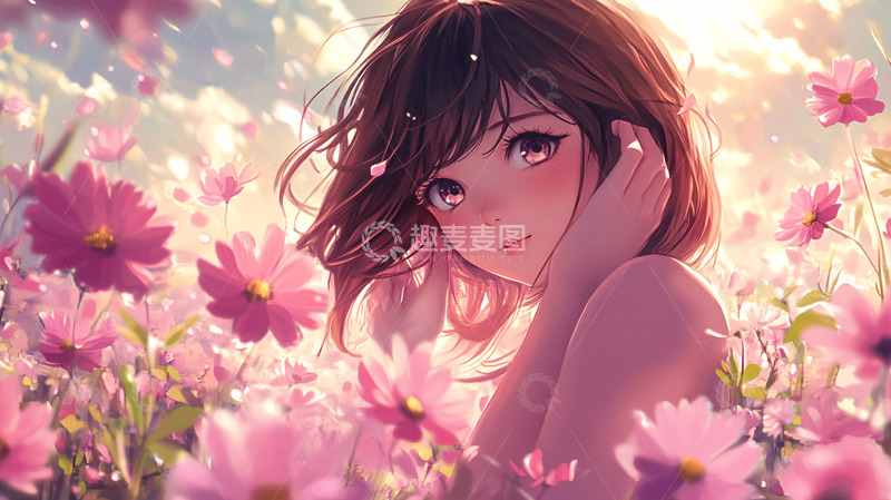 高清大图下载【趣麦麦图】粉色花海中可爱动漫女孩