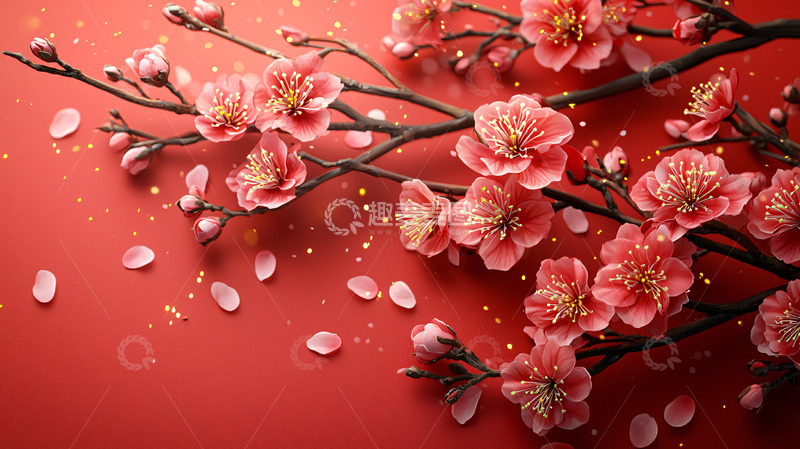高清大图下载【趣麦麦图】红底桃花枝条素材