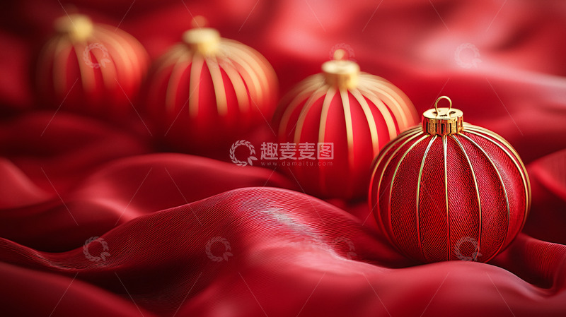 高清大图下载【趣麦麦图】红丝绒布上的红色圣诞球