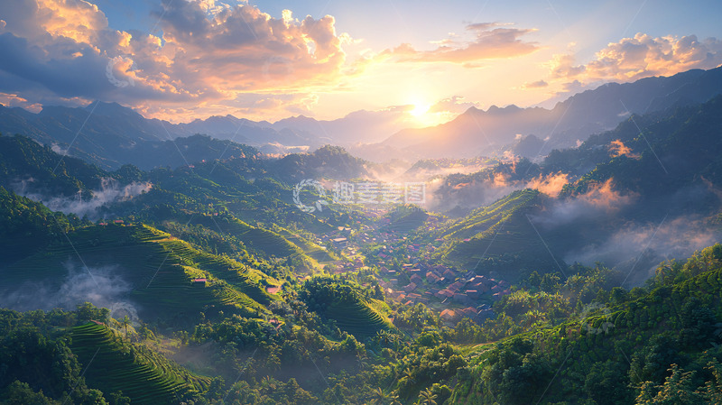 高清大图下载【趣麦麦图】日出云海山峦梯田景色
