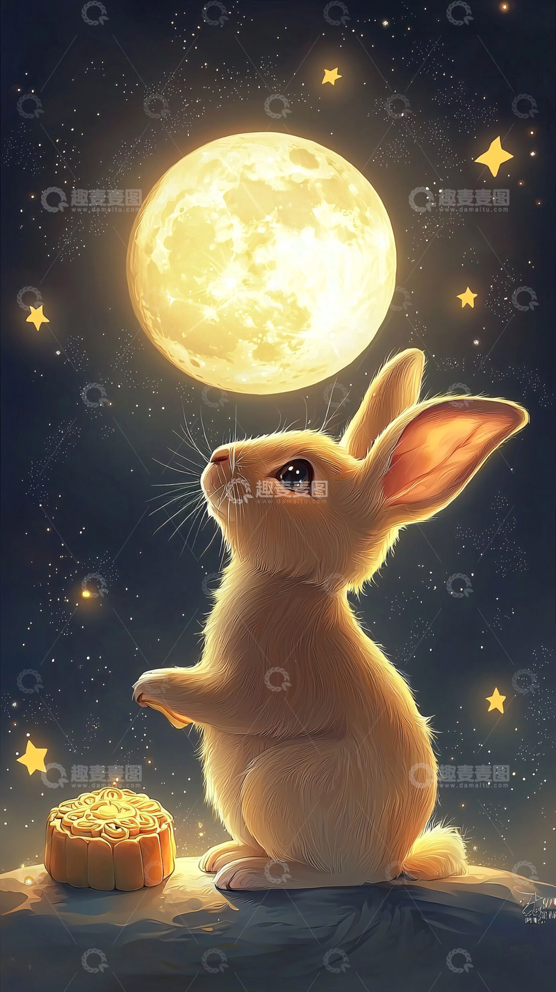 高清大图下载【趣麦麦图】卡通小兔子看月亮