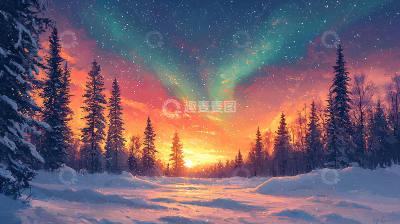 高清大图下载【趣麦麦图】极光下的雪林日落