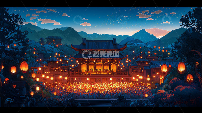 高清大图下载【趣麦麦图】山间寺庙夜景灯笼盛会